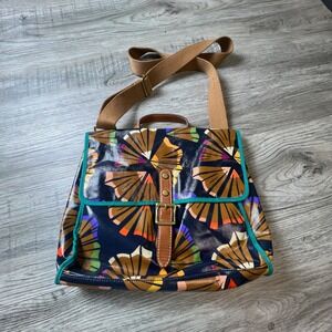 Fossil Messenger Bag Women Medium Navy Multicolor Pencil Shavings Key-Per Coated